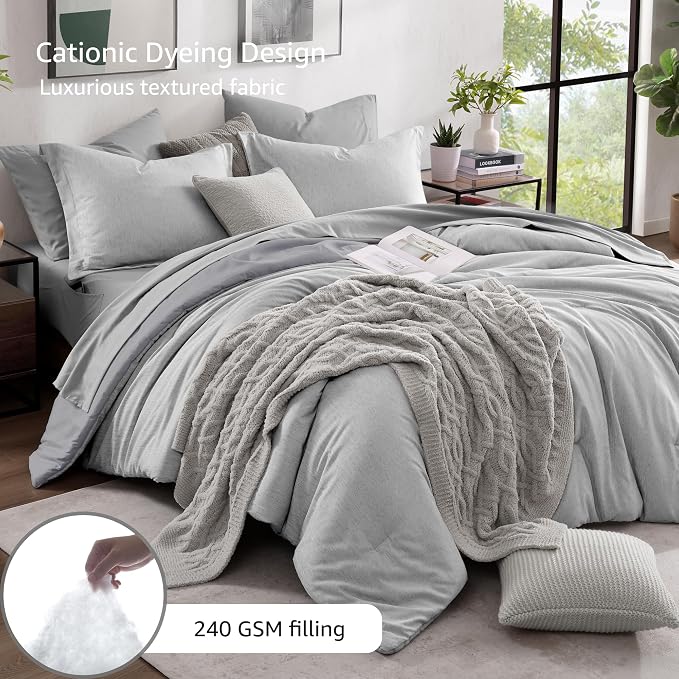 Monbix Full Comforter Set 7 Pieces Light Grey Cationic Dyeing Bed in a Bag | Lightweight Reversible All Season Bedding Sets with Comforter, Sheets, Pillowcases & Shams