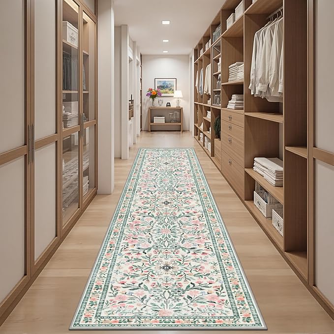PLHXFR 2.6x10 Washable Runner Rug：Floral Indoor Kitchen Carpet Green Beige | For Hallway Bedroom Kitchen Laundry Bathroom Dorm,Vintage Floral,Machine washable,Non Slip,Stain Resistant,Indoor Floor
