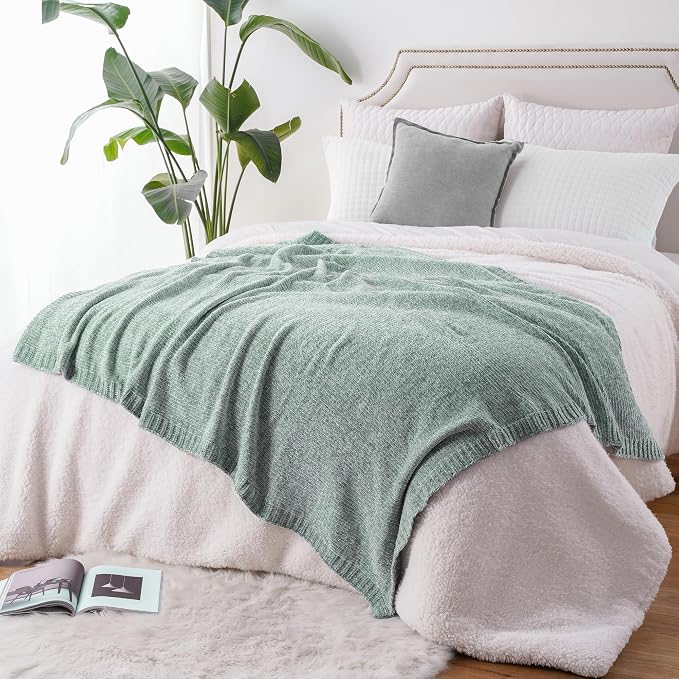 BATTILO HOME Sage Green Throw Blanket for Home Decor, Chenille Knit Throw Blanket for Couch, Sofa, Chair, Cozy Soft Blanket, 51"x67" | Shiny Chenille Blanket, Sage Knitted Blanket, Cozy Soft Spring Summer Blanket Throw, Warm & Midweight