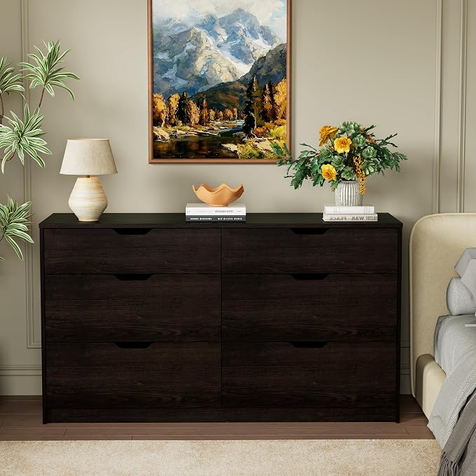 YESHOMY Dresser for Bedroom, 47.2" Modern Wood Chest with 6 Drawers | Two Drawer Sizes, Anti-Tip, Storage Cabinet & TV Stand for Living Room, Closet, Entryway, Brown