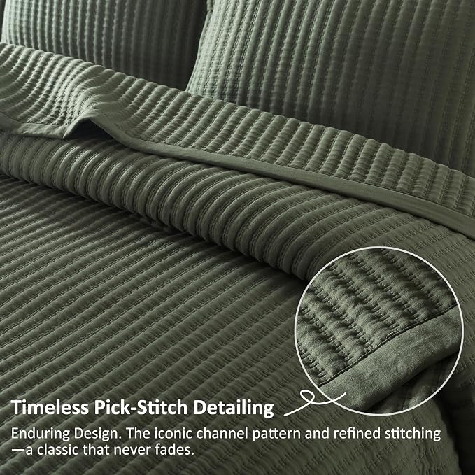 WDCOZY Olive Green Twin Size Quilt Set, Striped Pick Stitch Bedspread | Lightweight Soft Channel Coverlet, Spring Summer Thin Comforter, Farmhouse Rustic Country Bedding