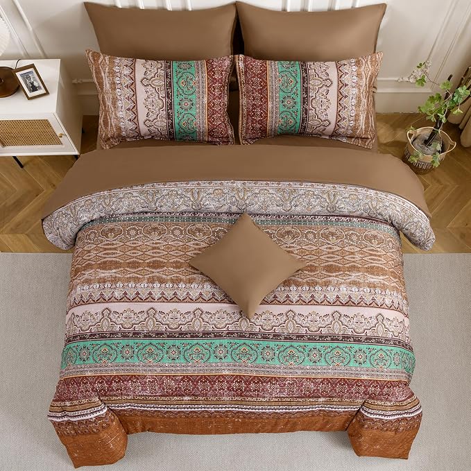 Boho King Size Comforter Set 8 Pieces, Brown Bohemian Striped Bed in a Bag, Paisley Soft Microfiber Bedding Comforter Set