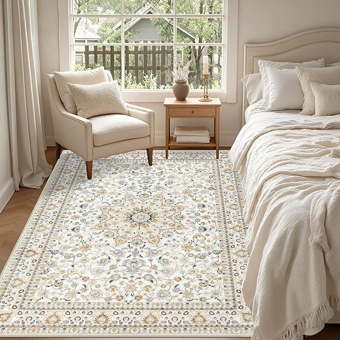 5x7 Area Rugs Living Room: Washable Vintage Rug for Bedroom Beige | Boho No Slip Stain Resistant Rug Soft Indoor Decor Floor Floral 5x7 Area Rugs for Dining Room, Nursery, Hallway, Home Office