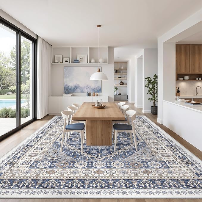 10x14 Area Rugs for Living Room,Large Washable Rug,Blue | Rugs for Bedroom,Dining Room,Office,Low Pile,Soft, Vintage Rug,Stain Resistant Indoor Carpet,Non Slip,Home Decor