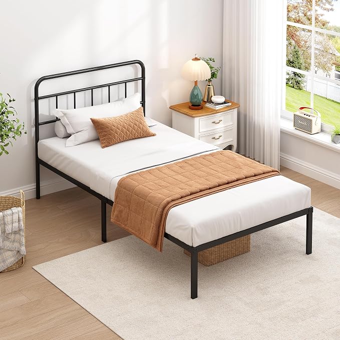 Twin Bed Frame with Classic Headboard, Black | Strong Metal Slats Support,Under Bed Storage Space,No Box Spring Needed,Easy to Assemble