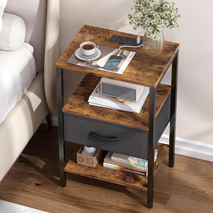 SUPERJARE Nightstand Set of 2 with Charging Station, USB-C Port, End Tables | Night Stand for Bedroom, with Adjustable Fabric Drawer, 3-Tier Storage Bedside Tables for Living Room, Rustic Brown & Black