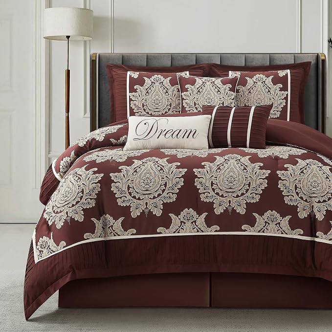 Burgundy King Size Comforter Set 7 Pieces, Jacquard Woven with Damask, Bedding Set in a Bag Includes Comforter, Bed Skirt, Pillow Shams, and Decorative Pillows