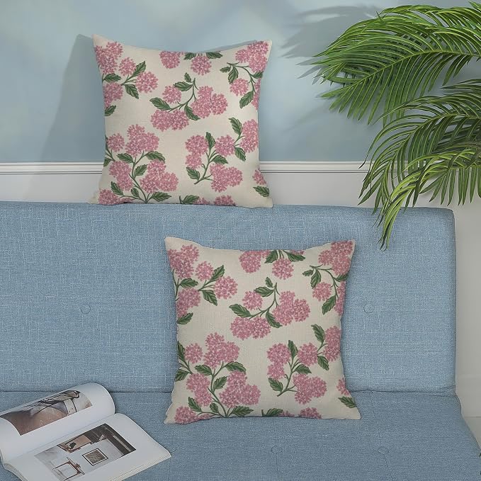 Preppy Pink Spring Pillow Covers 16x16 Inch 2 Pcs Green Hydrangea Flower Decor Throw Pillows Vintage Floral Seasonal Summer Outdoor Decoration Pillowcase Linen Cushion Cover for Couch Sofa