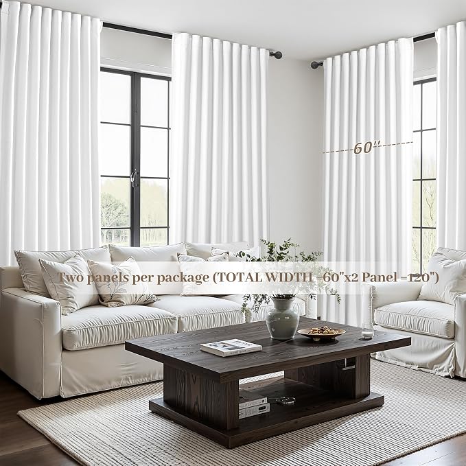 Pure White Blackout Curtains 60 Inches Extra Wide Modern Linen 84 Inch Length for Living Room, Boho Pleated Farmhouse Bedroom Large Window Thermal Heavy Drapes for Winter 60"W x 84"L 2 Panels
