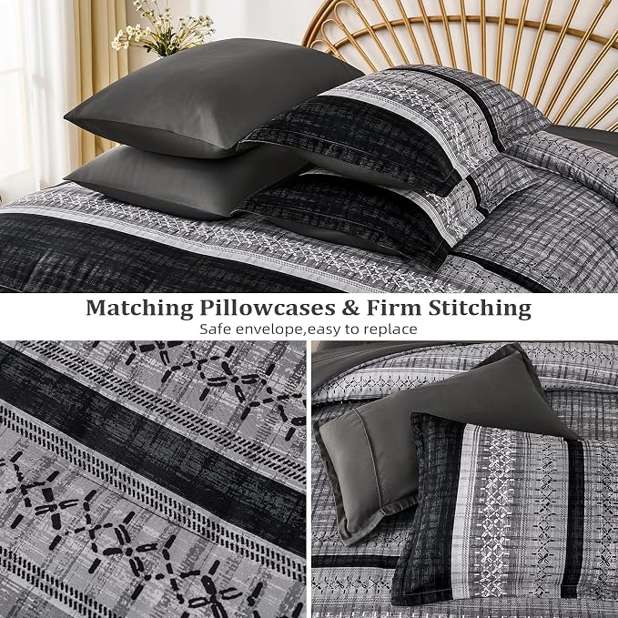 Dintszyayue Black Comforter Set Cal King Size, 8 Pieces Boho Striped Bed in a Bag Soft Microfiber Bedding Set for All Season