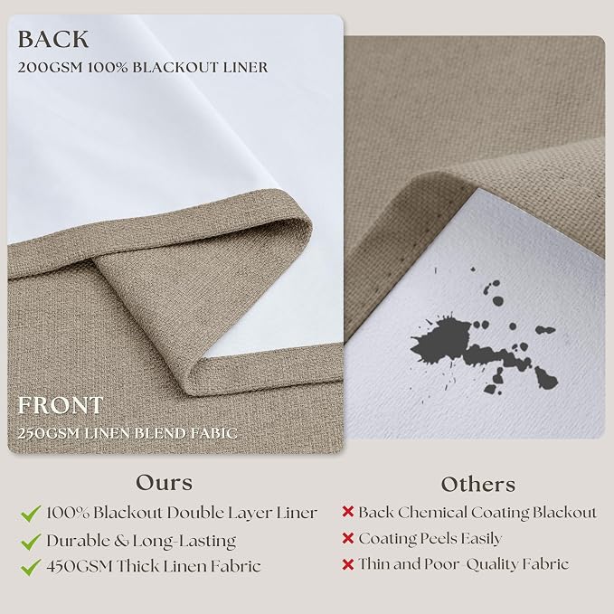 TWODRAPES Dark Flax 108 Inch Pinch Pleat 100% Blackout Drapes 2 Panels Set | Greige Greyish Beige, Room Darkening Curtains for Bedroom Living Room, Neutral Farmhouse, Thick Linen Double Layer, 40x108