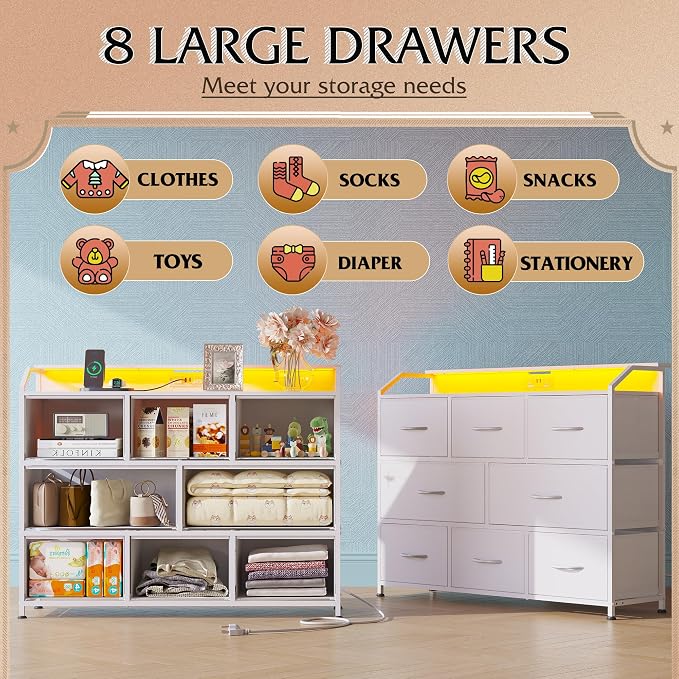 WLIVE Dresser for Bedroom, 8 Drawer LED Dresser with Outlet, White | 8 roomy fabric drawers, LED ambient lighting, Built-in power outlet, Bedroom or living room, Chest of drawers