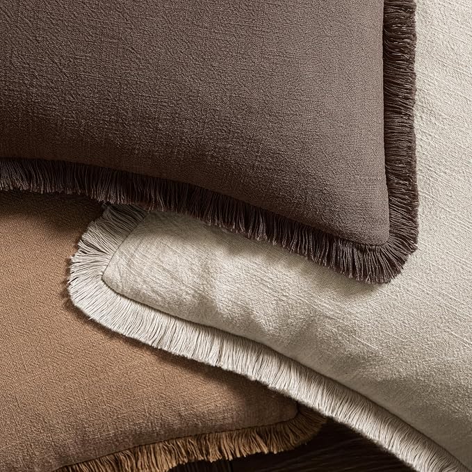 MIULEE Boho Linen Fringe Decorative Fall Pillow Covers Reddish Brown 20x20 | Set of 2, Cottagecore Decor, Boho Farmhouse Neutral Pillow Covers, Rustic Fall Couch Cushion Cases for Sofa Bed Living Room