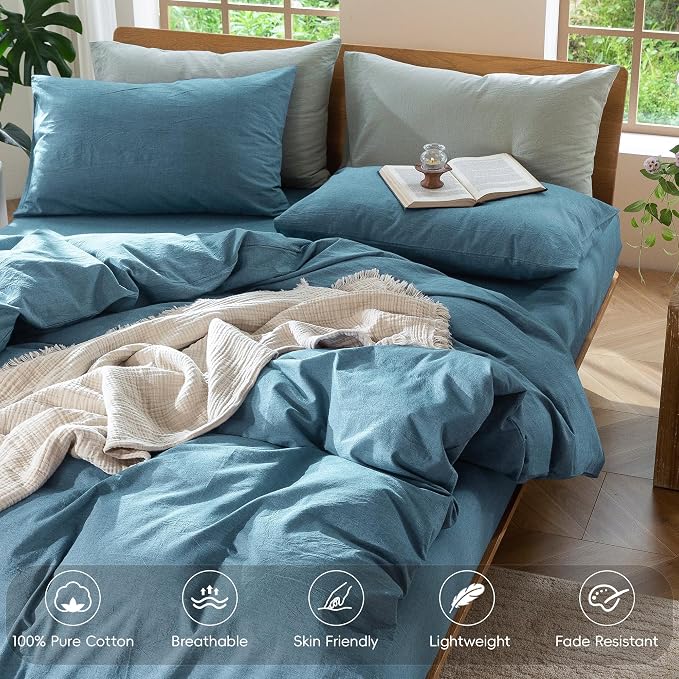 MooMee Duvet Cover Set 100% Washed Cotton Linen Like King | Relaxed Linen-like Texture. Soft, Breathable & Long-lasting Comfort. Lightweight. Hidden Zipper with 8 Interior Corner Ties