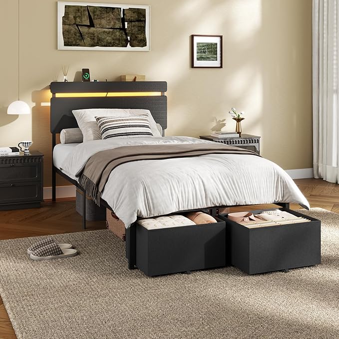 Forestell Twin Bed Frame with Wood Headboard,2 Storage Drawers & Shelf | Built-in Charging Station & LED Lights, Metal Support, No Box Spring Needed, noise-free, easy assembly, Smart RGB, USB+Type-C