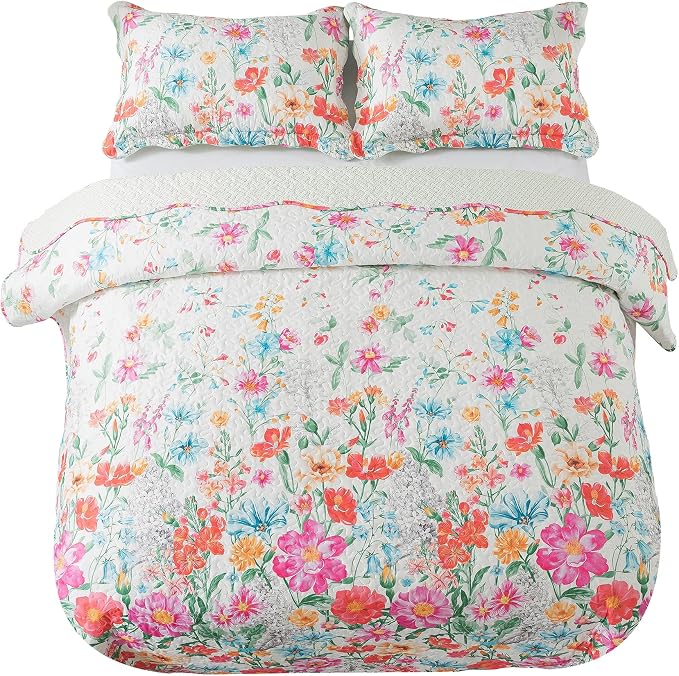 Quilt Bedspread Sets- Dreamy Flowers Reversible Coverlet Set,Queen Size