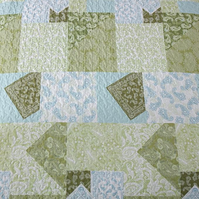 Mybedsoul Boho Quilt King Size, Patchwork Bedding Set, Sage Green | Soft Lightweight Microfiber Floral Coverlet Set, 3 Pieces Plaid Reversible Bedspread, Bed Sets for All Seasons 90"x110"