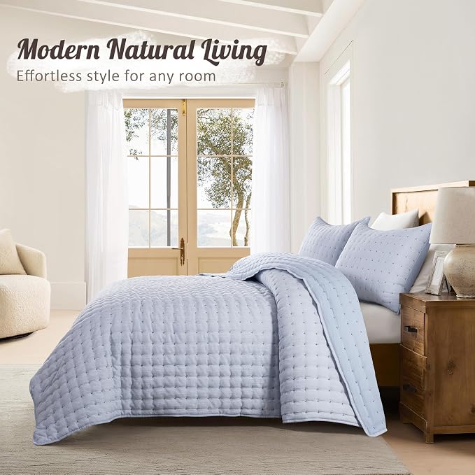 WDCOZY Blue Cloud Quilt Set King Size, Lightweight Soft Cross Stitch Bedspread, Textured Like Linen, Farmhouse Rustic Country Coverlet, Spring Summer Thin Comforter, 3 Pieces, 104x90 inches