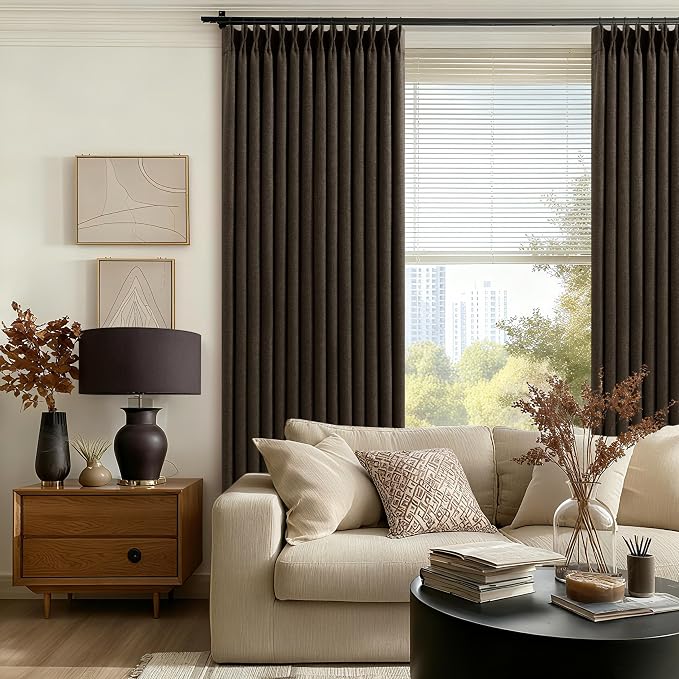 Dark Chocolate 100 Inch Linen Pleated Blackout Curtains for Living Room | Memory Trained, Dual Layer, Heavy Burlap Curtain, Sound Dampening, Heat Blocking, Floor to Ceiling Windows Drapes, 2 Panels