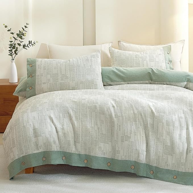 Oli Anderson 100% Egyptian Cotton Duvet Cover King Size, Green, 3 Pieces | Yarn Dyed Jacquard Textured Bedding Set, Striped Boho Design, Pre-Washed, Button Closure, Soft Breathable, All Season Comfort