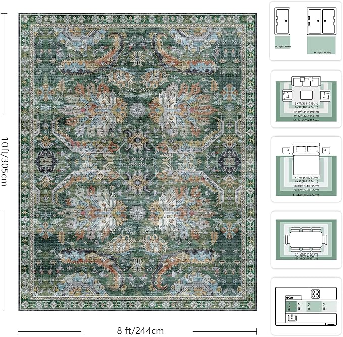 8x10 Area Rugs, Vintage Retro Soft Washable Rug, Non-Slip Low Pile Rugs for Living Room, Bedroom, Dining Room, Stain Resistant Home Decor Rug (Green)