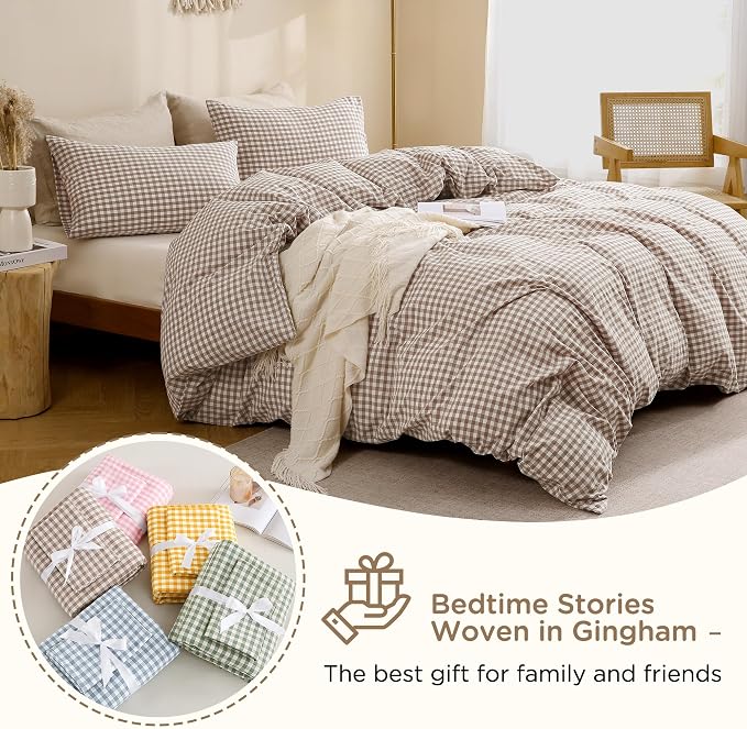TOCOMOA Tan Gingham Duvet Cover Set Washed Cotton Like Linen Oversized King | 100% Washed Cotton Linen-Like Feel Soft, Breathable & Comfy. Fall Vintage Farmhouse Decor, Zipper & 8 Ties. 3 Pcs, No Insert