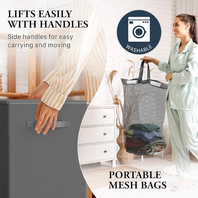 Simple Houseware Double Laundry Hamper with Lid & Removable Bags, Dark Gray | Heavy Duty 600D Polyester, Water-Resistant Surface
