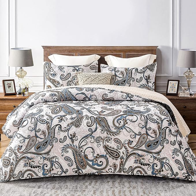 Whale Flotilla Patchwork Quilt King Size, Extra Soft Boho Paisley Bedspread | Reversible Lightweight King Quilt Bedding Set for Bed, Bone Grey Printed Coverlets with 2 Pillow Shams for All Seasons