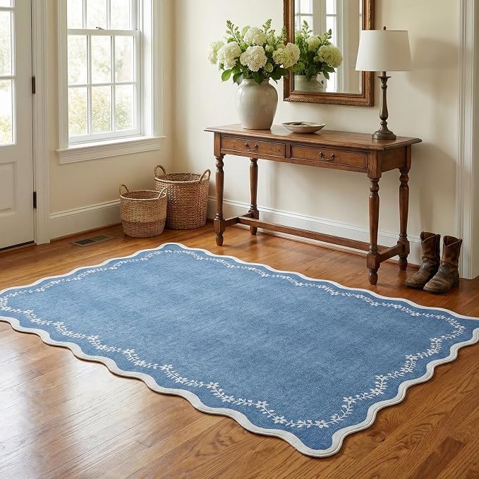 GarveeHome 3x5 Scalloped Washable Area Rug Non Slip Bedroom Entryway Rug | Soft Blue Kitchen Rug Low Pile Carpet Stain Resistant Throw Rug for Bedside Kids Room Office Dining Room