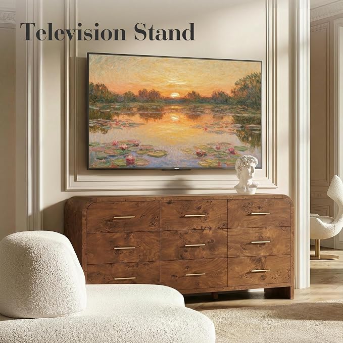 Curved 9-Drawer Dresser for Bedroom, 63" Wide Modern Chest of Drawers, Vanity Desk TV Stand for Living Room, Closet Storage Drawers Organizer Furniture, Nursery, Hallway, Dark Burl