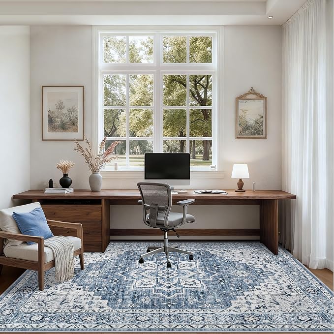 9x12 Area Rugs Living Room: Washable Vintage Rug for Bedroom Blue | Vintage No Slip Stain Resistant Rug Soft Indoor Decor Floor Floral Area Rugs for Dining Room, Nursery, Hallway, Home Office