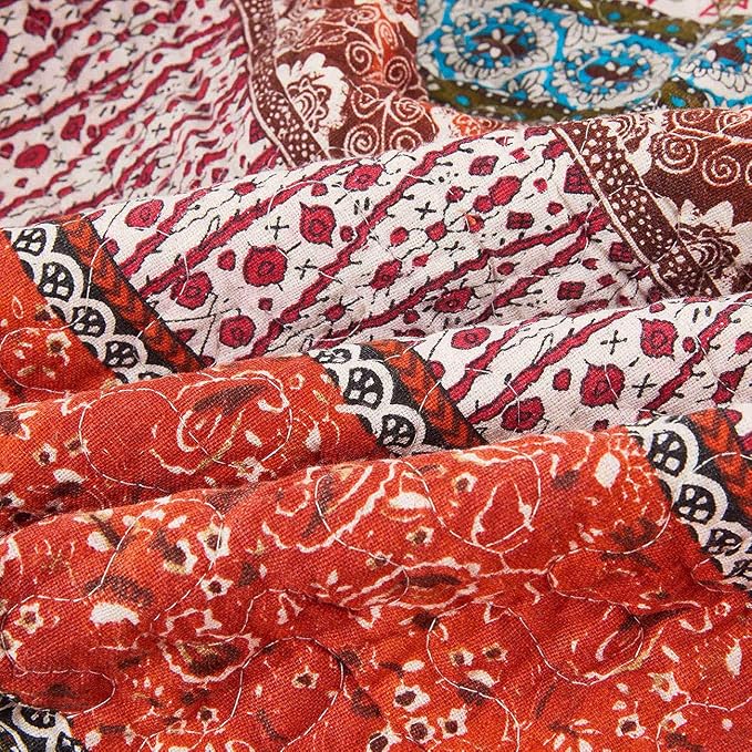 Cozyholy Boho Quilt Twin Size 100% Cotton Quilted Blanket Colorful Bohemian Striped Bedspread Coverlet Reversible Lightweight Stitch Vintage Bed Cover Throw Blanket for Couch Sofa Orange