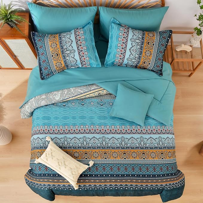 Boho Full Comforter Set 8 Pieces,Teal and Yellow Bohemian Comforter Paisley Striped Bed in A Bag,Soft Microfiber Bedding Set for All Season