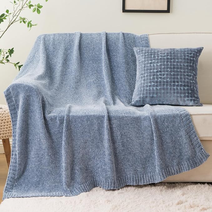 BATTILO HOME Blue Grey Chenille Throw Blanket for Couch, 51"x67" | Shiny Chenille Blanket, Blue Knit throw Blanket, Soft & Breathable, Summer Throw for Couch, Bed & Sofa