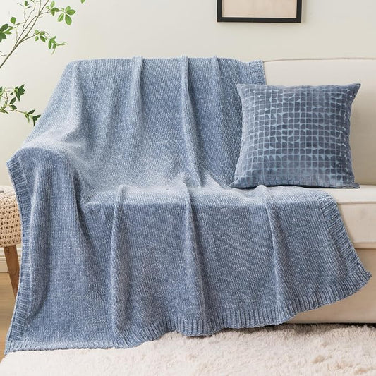BATTILO HOME Blue Grey Chenille Throw Blanket for Couch, 51"x67" | Shiny Chenille Blanket, Blue Knit throw Blanket, Soft & Breathable, Summer Throw for Couch, Bed & Sofa