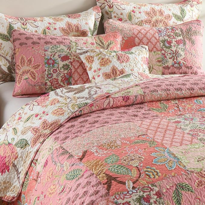 Cotton Patchwork Bedspread, 3-Piece Bedding Quilt Set with Real Stitched Embroidery, Reversible Matelasse Bed Coverlet Set,Bohemian Floral, King Size