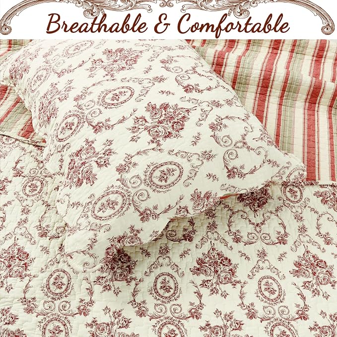 Cozy Line Home Fashions French Medallion Beige Burgundy Red Rose Flower Pattern Printed 100% Cotton Bedding Quilt Set Reversible Coverlet (Burgundy Red, Queen - 3 piece)