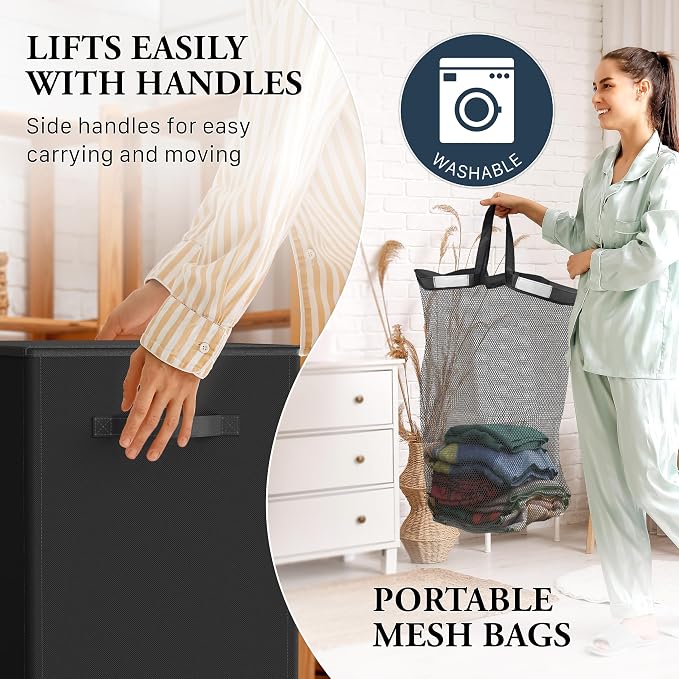 Simple Houseware Double Laundry Hamper with Lid & Removable Bags, Black | Heavy Duty 600D Polyester, Water-Resistant Surface
