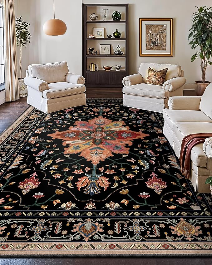 RELEANY Washable Area Rug, Large 10'x14', Black/Colorful | Non-Slip, Water Repellent, Pet Friendly, Easy to Clean, Vintage Floral Boho Decor for Living Room Bedroom Dining Room