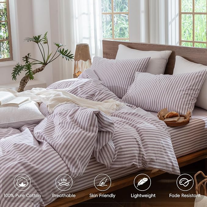 MooMee Striped Duvet Cover Set 100% Washed Cotton Linen Like Queen | Relaxed Linen-like Texture. Soft, Breathable & Long-lasting Comfort. Lightweight. Hidden Zipper with 8 Interior Corner Ties