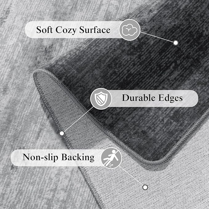 6x9 Washable Area Rug, Gray Solid Area Rugs for Living Room & Bedroom | Stain-resistant & Non-slip backing,Low Pile Washable Large Carpet, Solid Vintage Style For High Traffic Areas(6x9,Gray)
