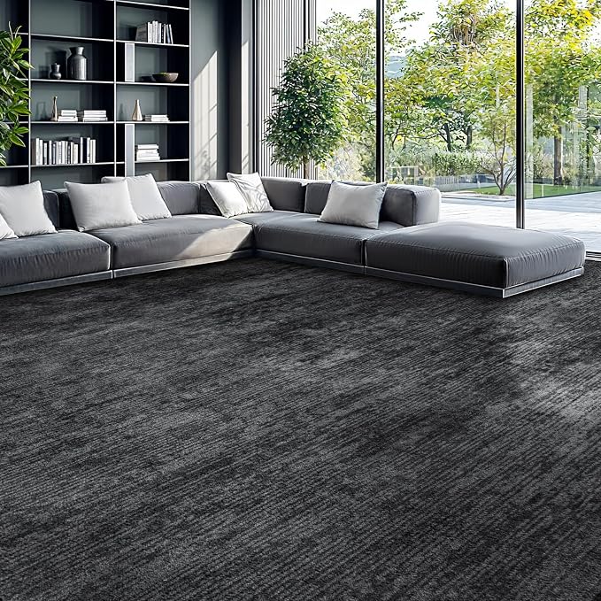 LIANLAM 10x12 Washable Rug, Black Solid Area Rugs for Living Room & Bedroom | Stain-resistant & Non-slip backing,Low Pile Washable Large Carpet, Solid Vintage Style For High Traffic Areas(10x12,Black)