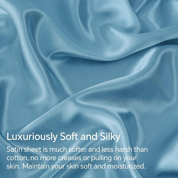 BEDELITE Satin Sheets Twin Size Bed Set, Airy Blue, 3 Pieces | Luxury Silky Bed Sheets, 15 Inch Deep Pocket, Similar to Silk, Soft and Cooling, Reduces Friction, Gentle on Hair and Skin