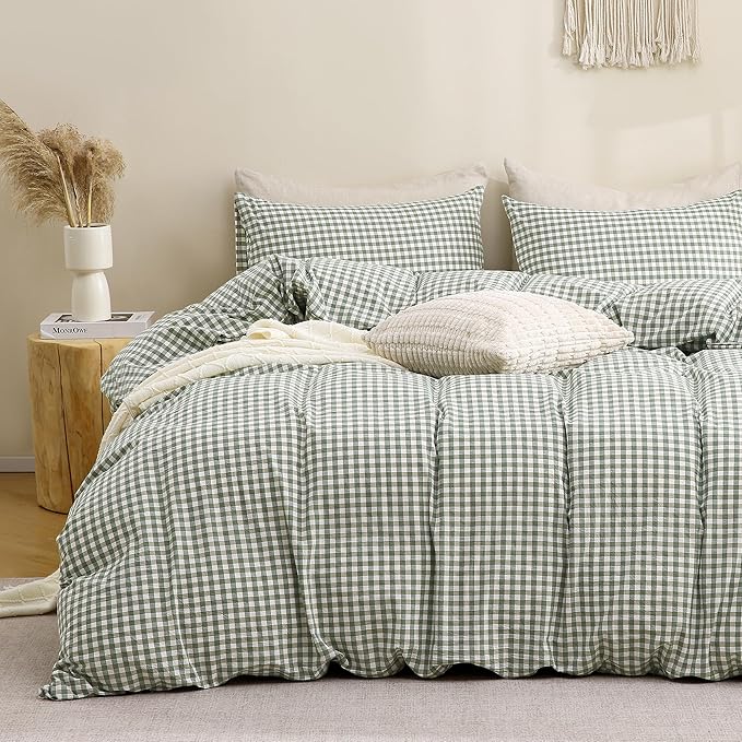 TOCOMOA Green Gingham Duvet Cover Set Washed Cotton Like Linen, King | 100% Washed Cotton Linen-Like Feel Soft, Breathable & Comfy. Lightweight Bedding Set with Zipper & 8 Ties. 3 Pcs, No Insert