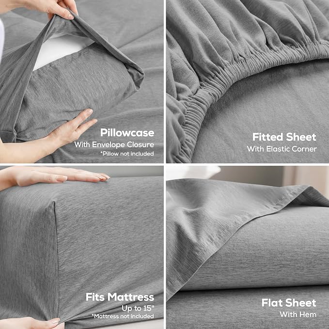 Queen Sheet Set, 4 Pieces 16" Deep Pocket Hotel Luxury Sheets, Heather Grey | Extra Soft Bedsheet Set, Comfy & Breathable Cooling Sheets, Wrinkle & Fade Resistant, Fitted Sheet, Flat Sheet, 2 Pillowcases