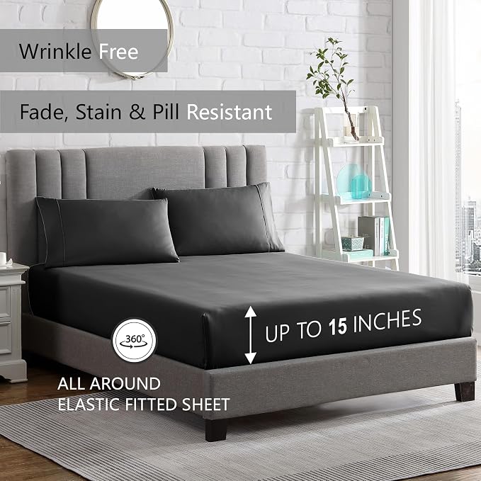 American Home Collection King Sheet Set - Ultra-Soft Microfiber 15-Inch Deep Pocket - Wrinkle Free and Fade Resistant (Dark Gray)
