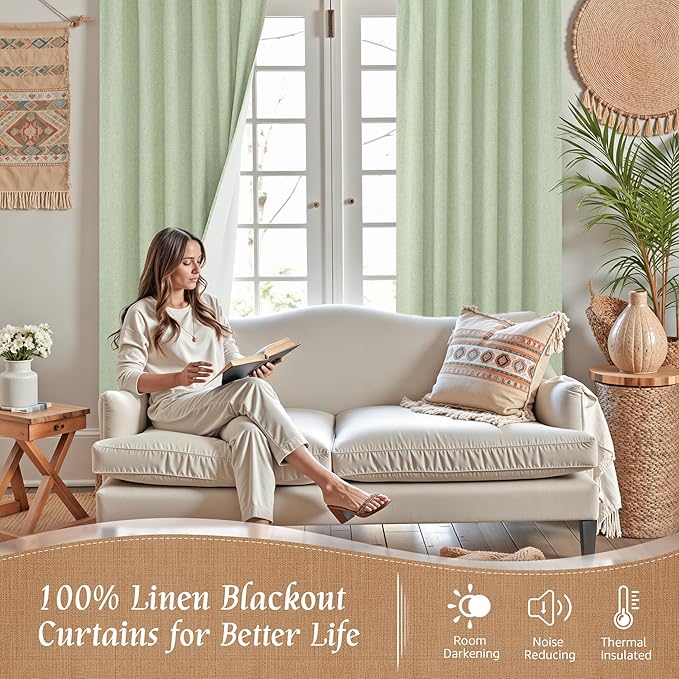 100% Blackout Linen Curtains for Cafe 40 Inch Length 2 Panels | Light Green, Thermal Kitchen Curtains, Neutral Short Window Panels, Rod Pocket Back Tab, with White Liner, 42 x 40 Inch