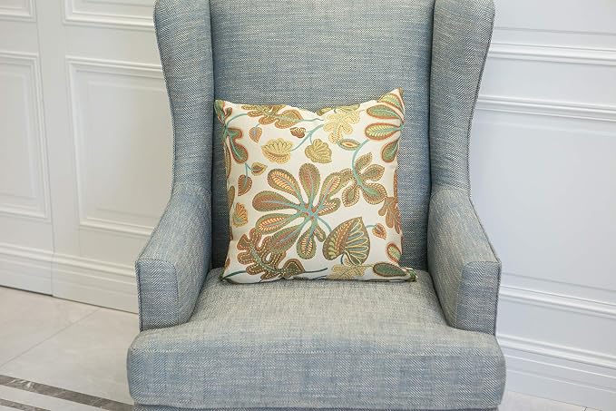 Mika Home Set of 2 Jacquard Tropical Leaf Pattern Throw Pillow Covers Decorative Pillowcase 22X22 Inches,Teal Cream