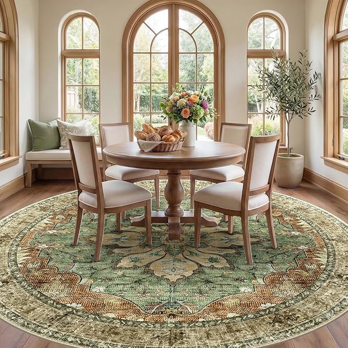 RELEANY Washable Area Rug, Round 10ft, Brick/Brown/Green | Non-Slip, Water Repellent, Pet Friendly, Easy to Clean, Vintage Floral Boho Decor for Living Room Bedroom Dining Room