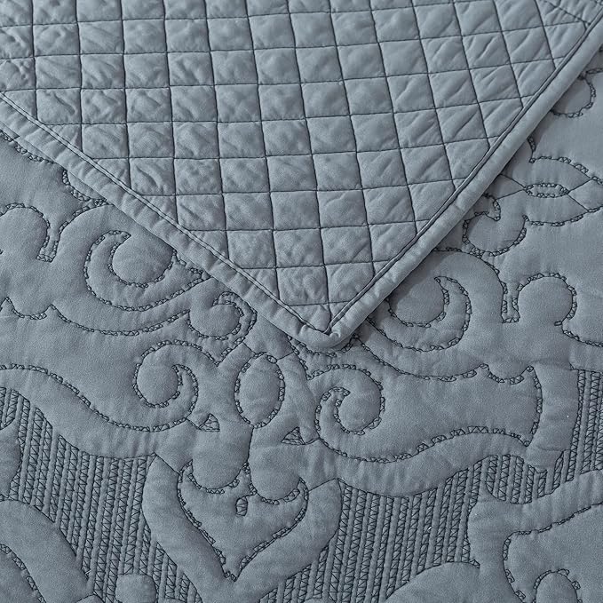 Reversible Quilt Bedspread Embroidered Microfiber Coverlet Set,Jacquard Embossed Floral,Grey, King Size